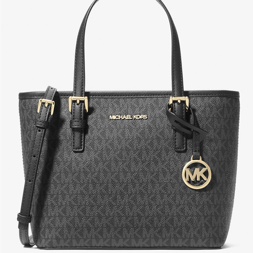 Michael Kors Jet Set Travel Black Signature XS Tote w/ Zip Top & Gold Hardware